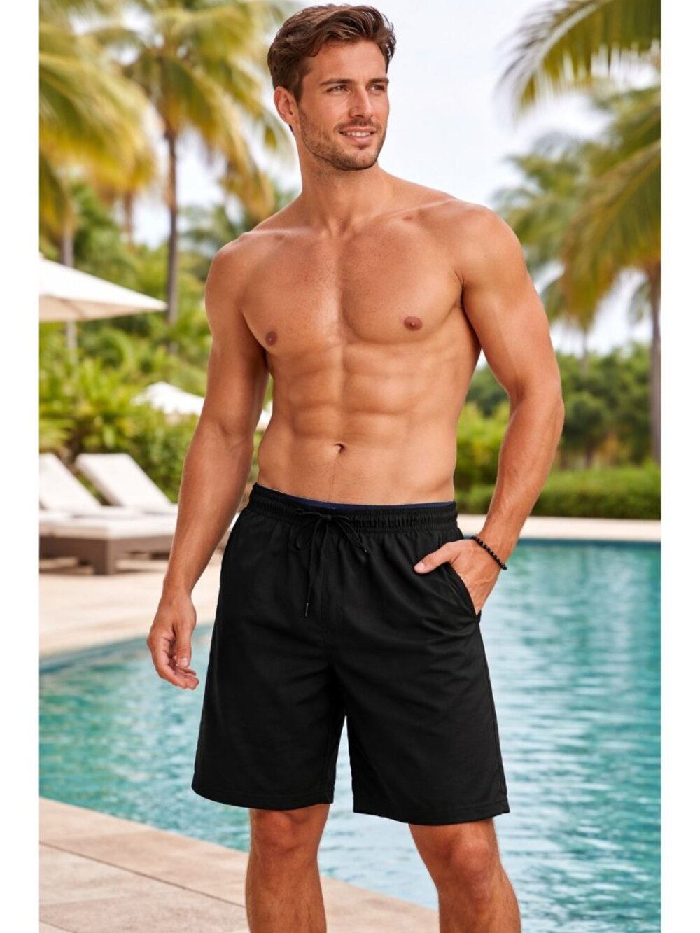 Speedo Men Black Elastic Waist Pockets Swim Suit Trunks Size XL Tag less Beach